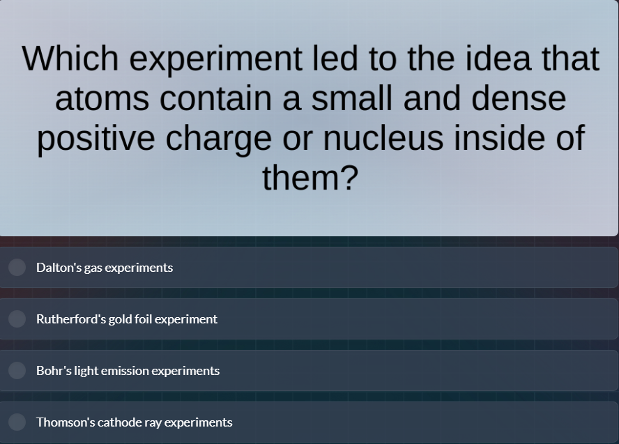 which experiment led to the idea that atoms contain a small and dense p…