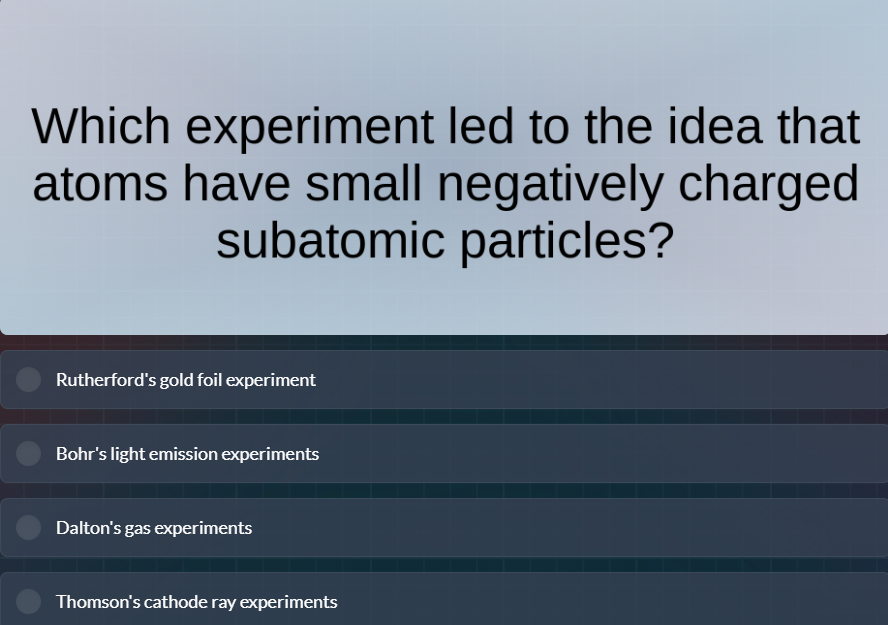 which experiment led to the idea that atoms have small negatively charg…