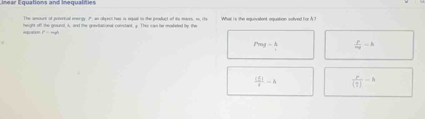 linear equations and inequalities the amount of potential energy, p, an…