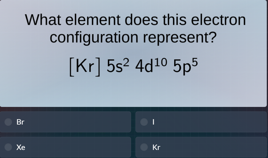 what element does this electron configuration represent? $kr 5s^2 4d^{1…