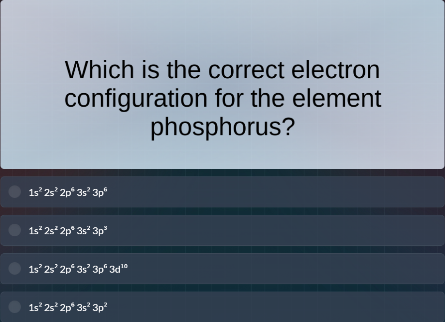 which is the correct electron configuration for the element phosphorus?…