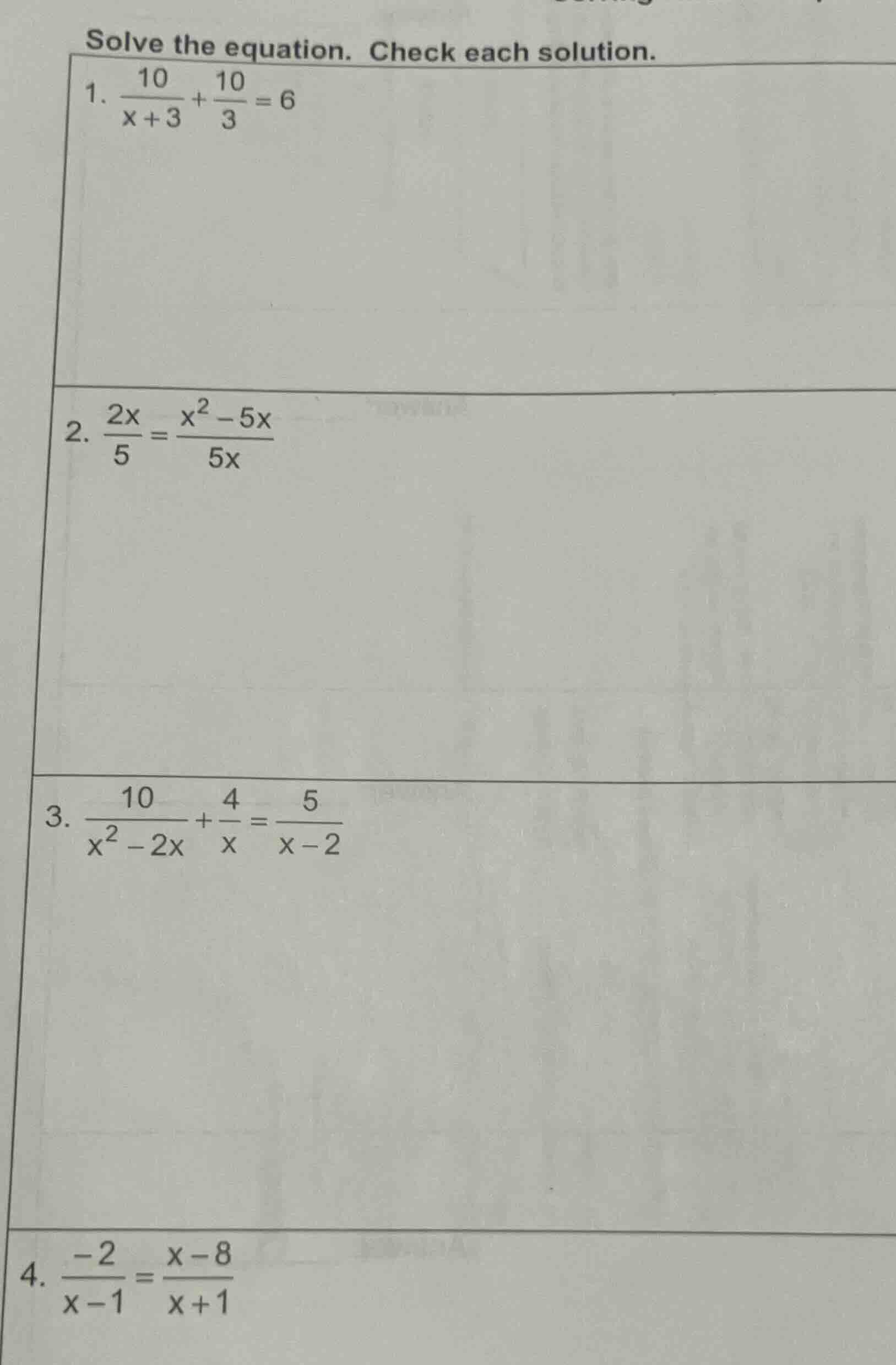 solve the equation. check each solution. 1. $\frac{10}{x+3}+\frac{10}{3…