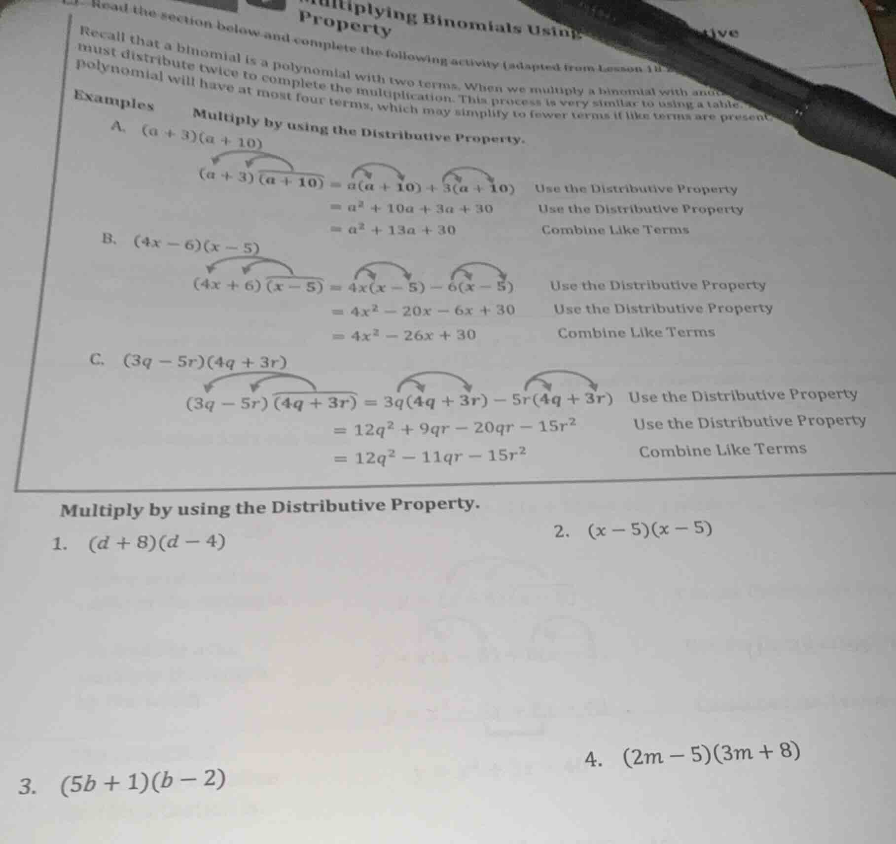 multiplying binomials using property read the section below and complet…