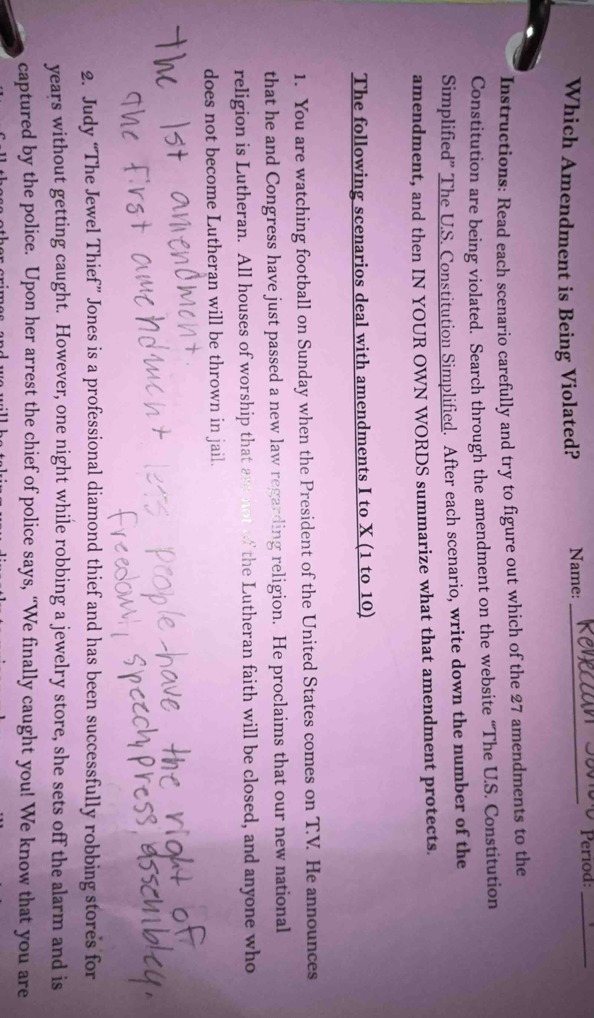 which amendment is being violated?name: period:instructions: read each …