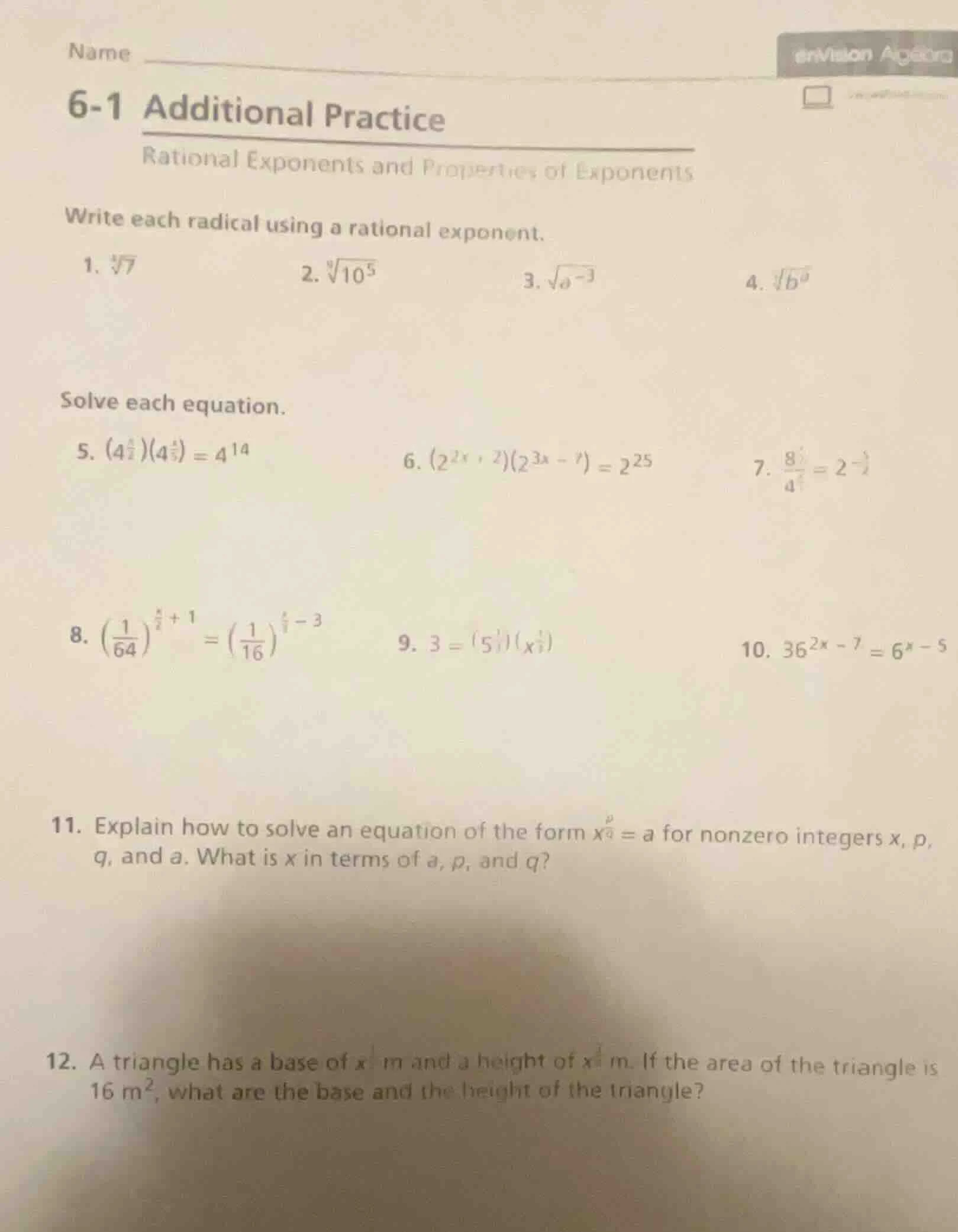 name 6-1 additional practice rational exponents and properties of expon…