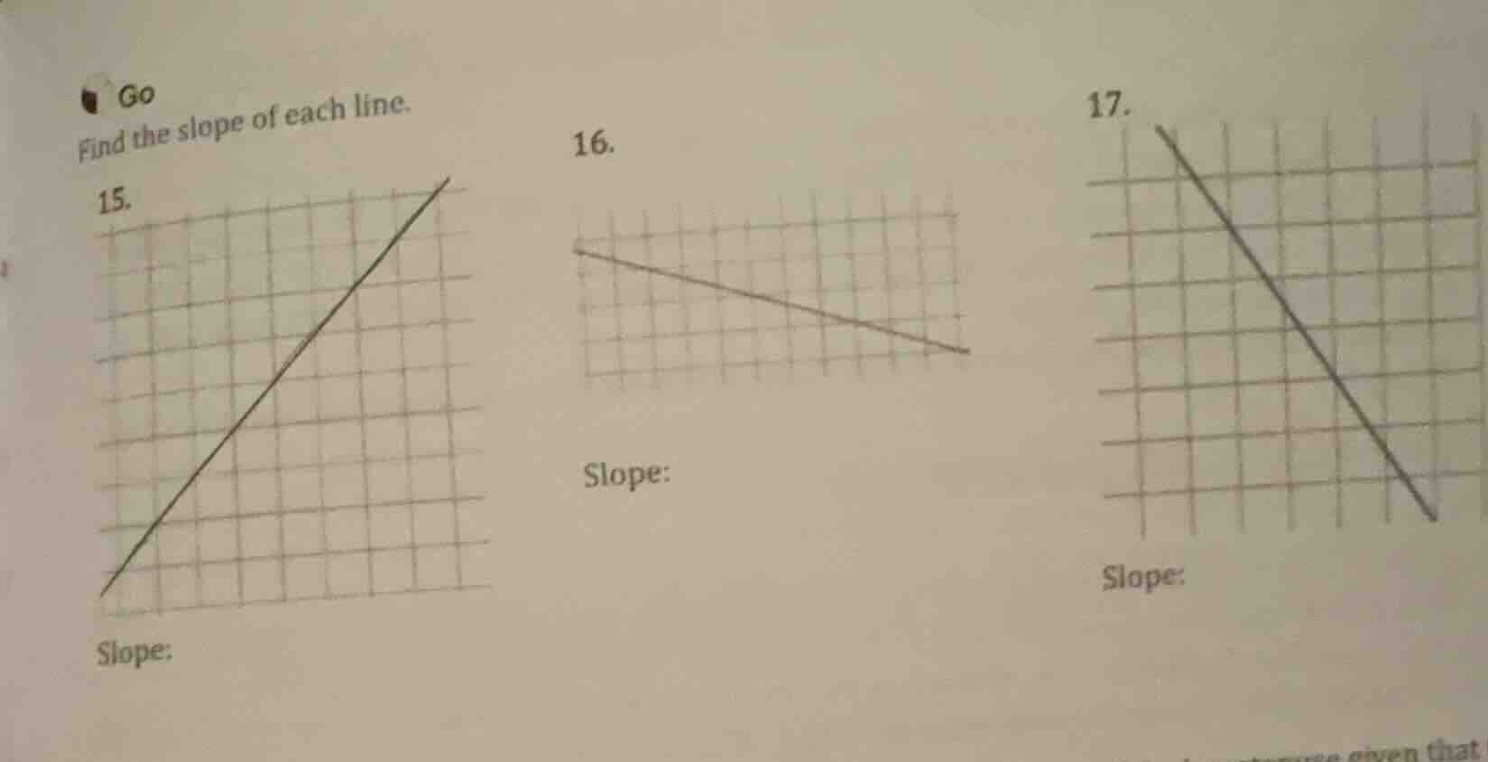 go find the slope of each line. 15. slope: 16. slope: 17. slope: