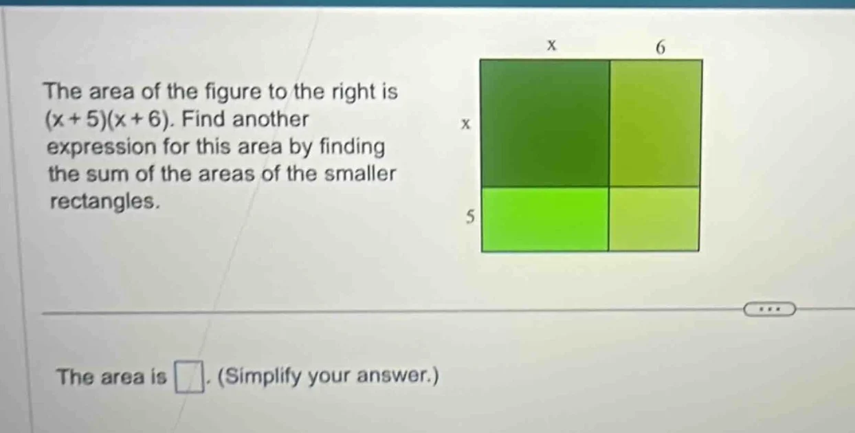 the area of the figure to the right is $(x+5)(x+6)$. find another expre…