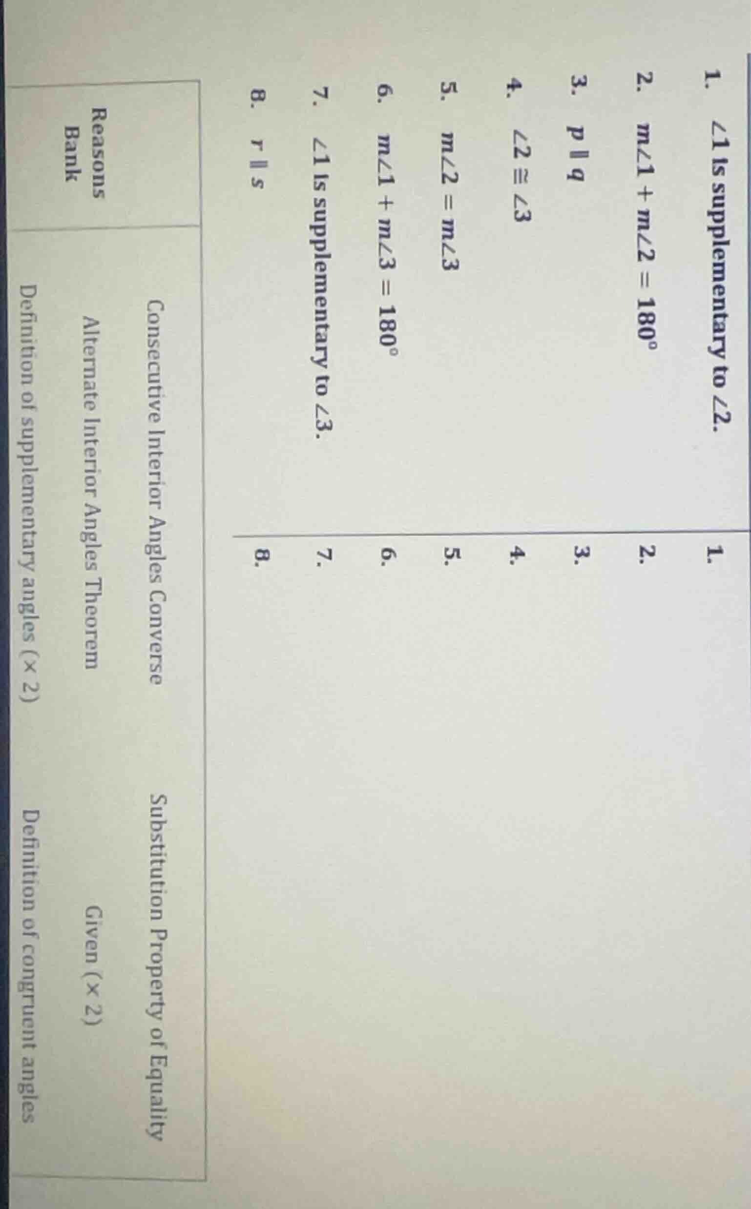 1. $\\angle 1$ is supplementary to $\\angle 2$.2. $m\\angle 1 + m\\angl…