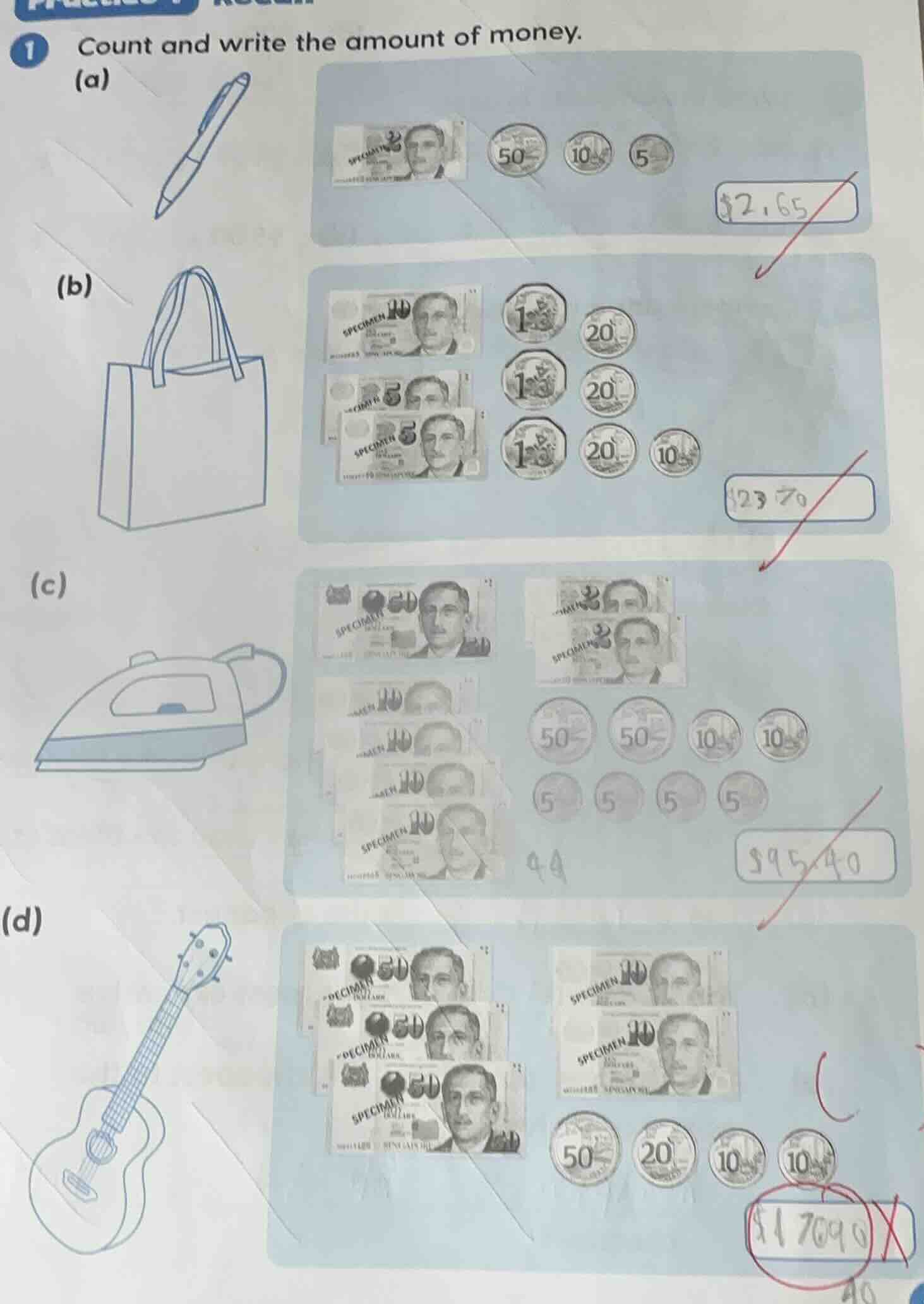 1 count and write the amount of money. (a) (b) (c) (d)