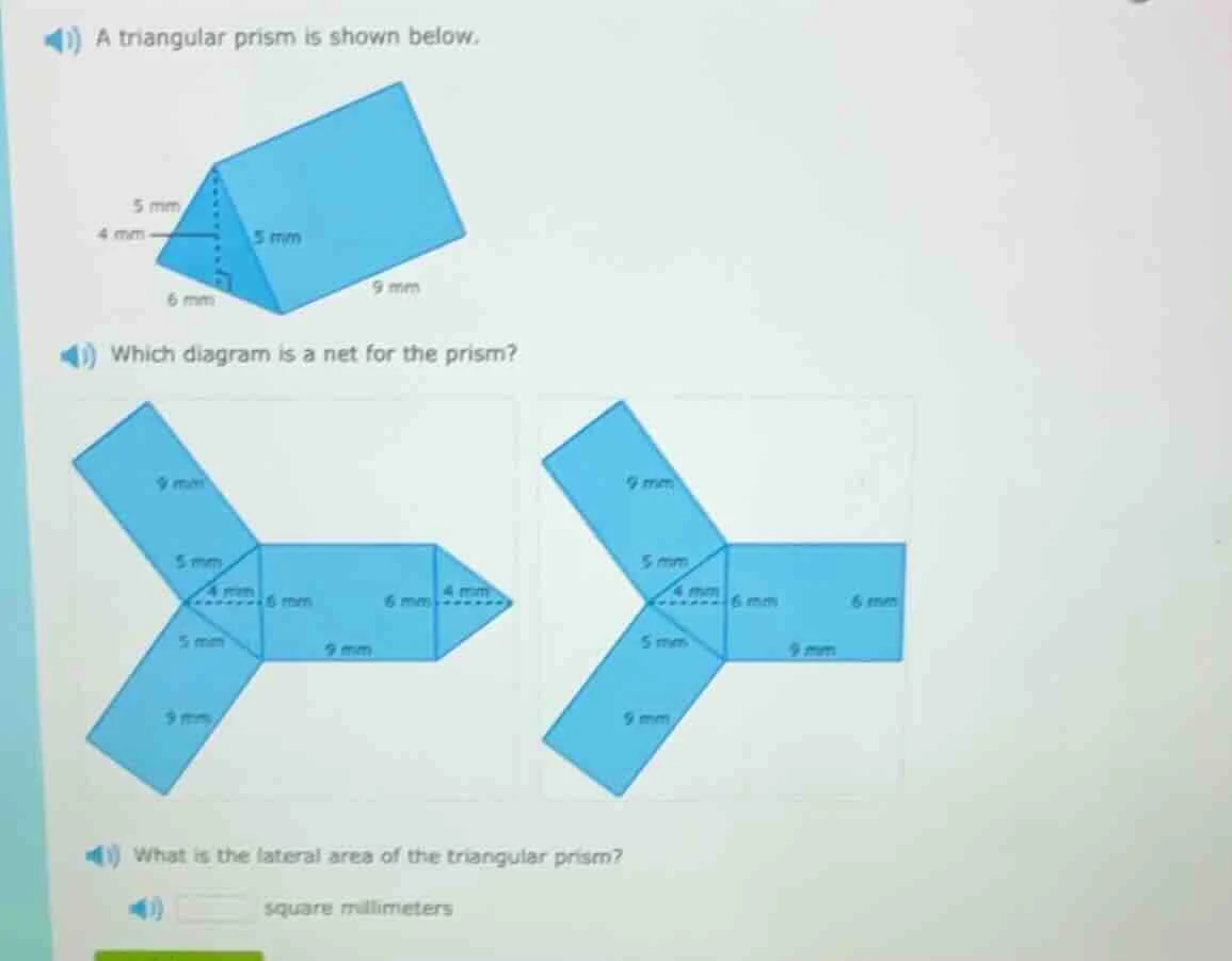 1) a triangular prism is shown below. 5 mm 4 mm 5 mm 6 mm 9 mm 1) which…
