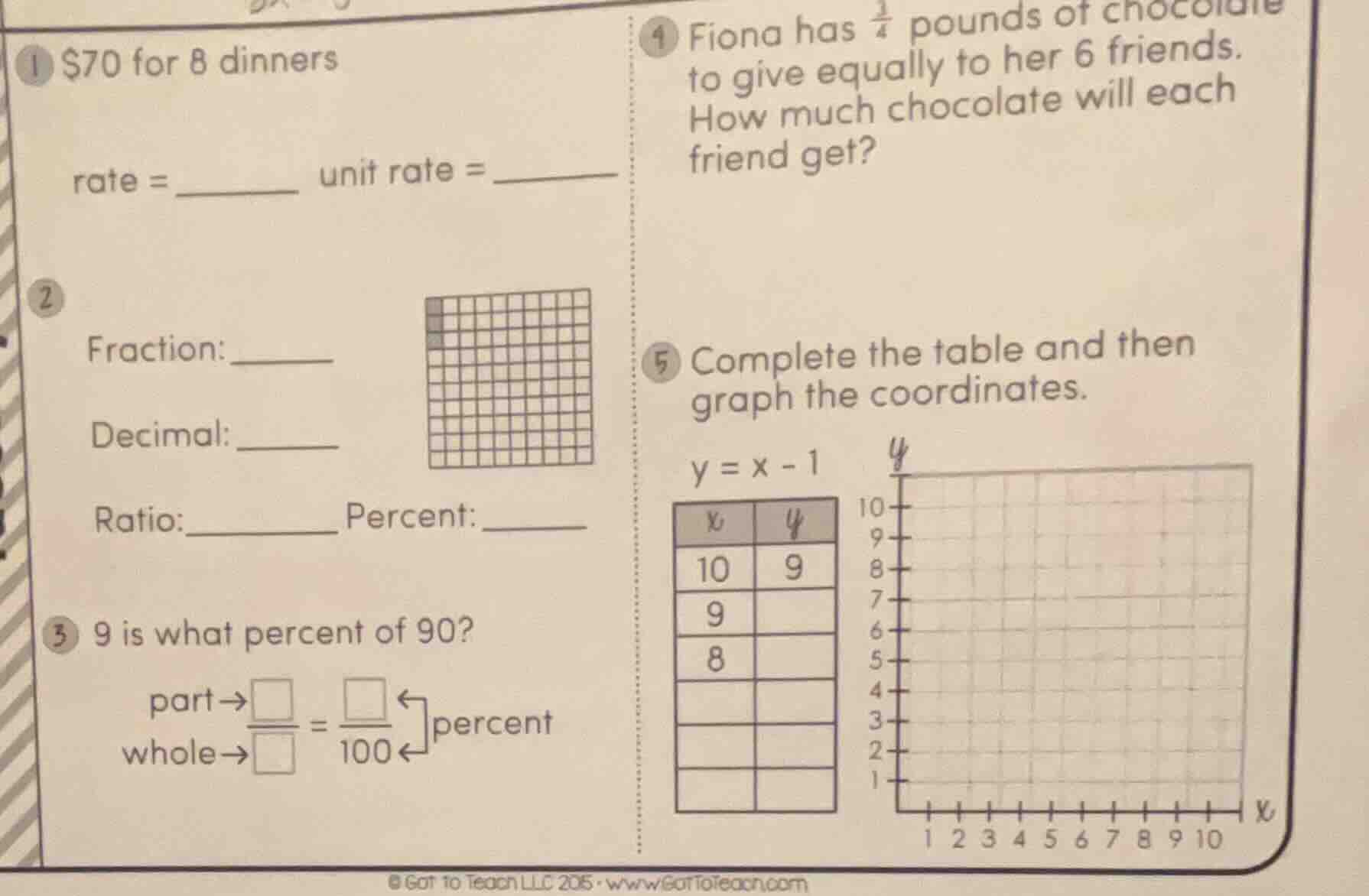 1 $70 for 8 dinners rate = _______ unit rate = _______ 2 fraction: ____…
