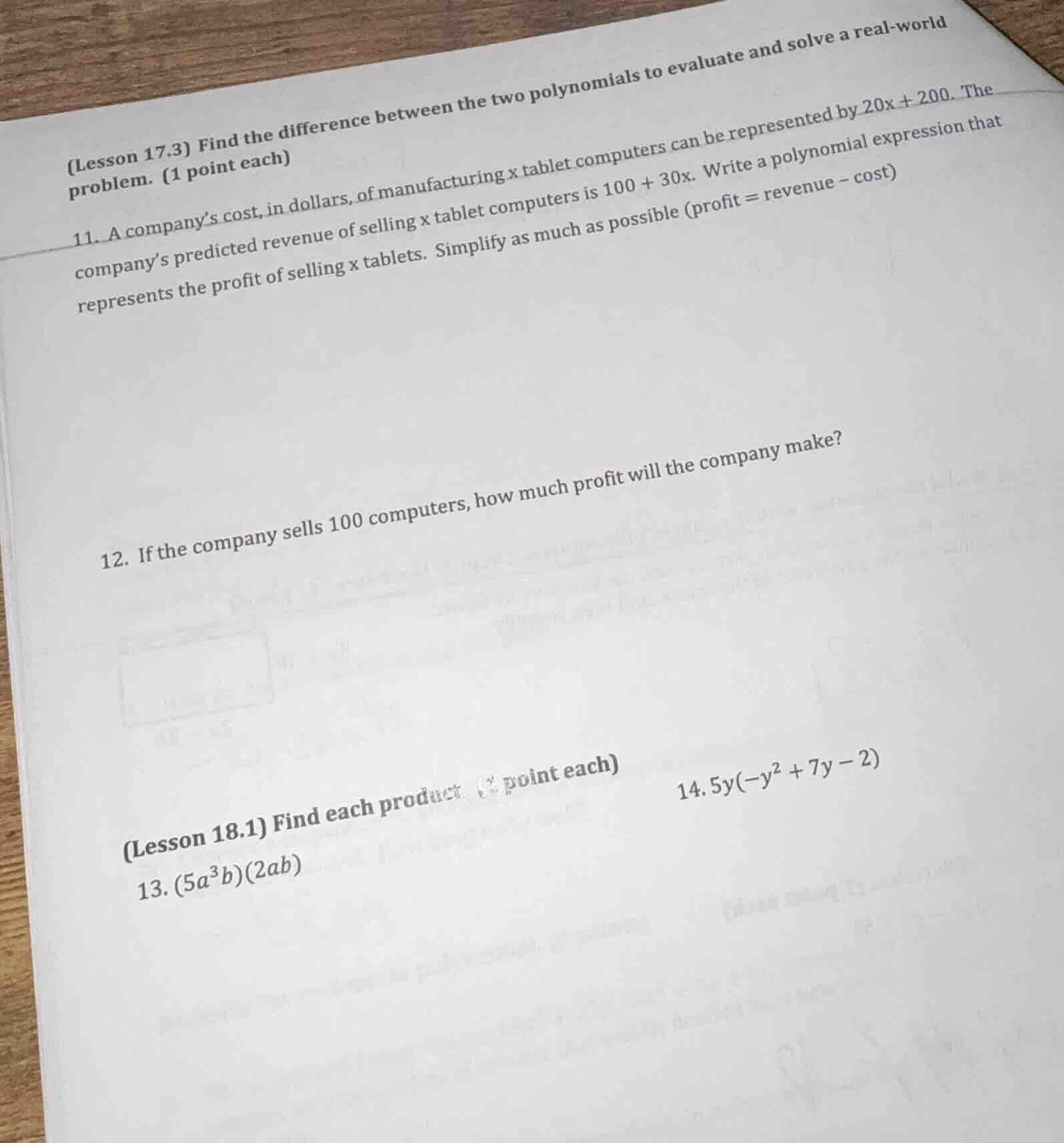 (lesson 17.3) find the difference between the two polynomials to evalua…