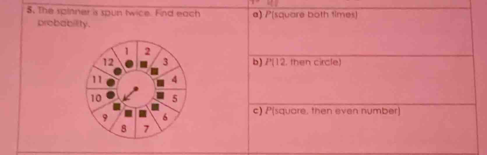 5. the spinner is spun twice. find each probability. a) $p(\\text{squar…