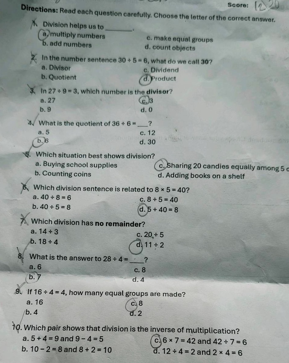 score: 12/20 directions: read each question carefully. choose the lette…