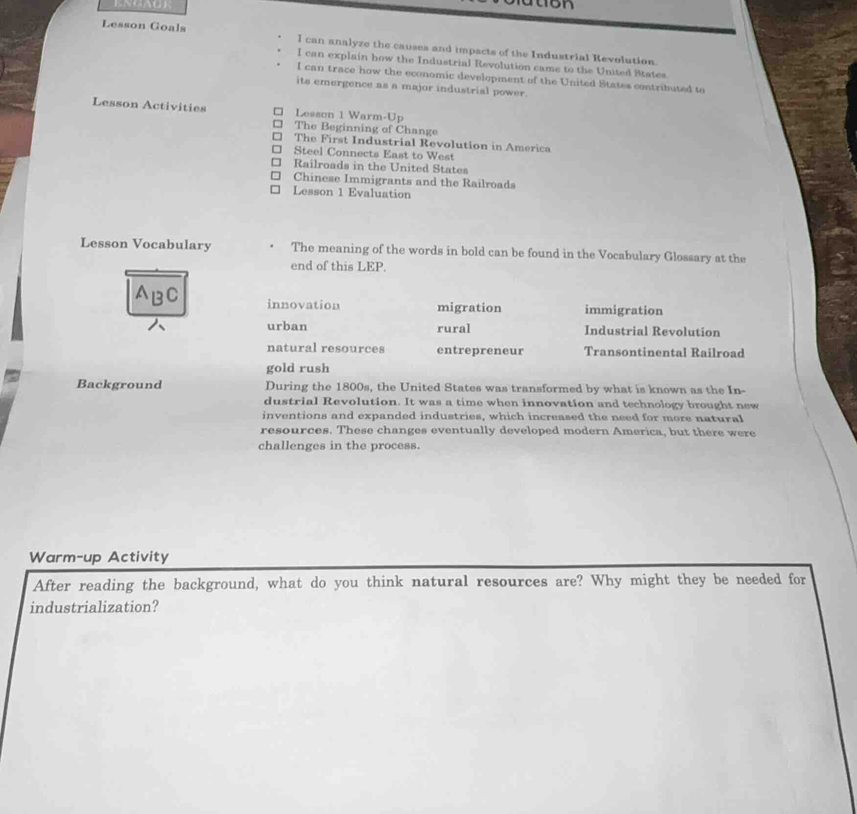 lesson goals- i can analyze the causes and impacts of the industrial re…