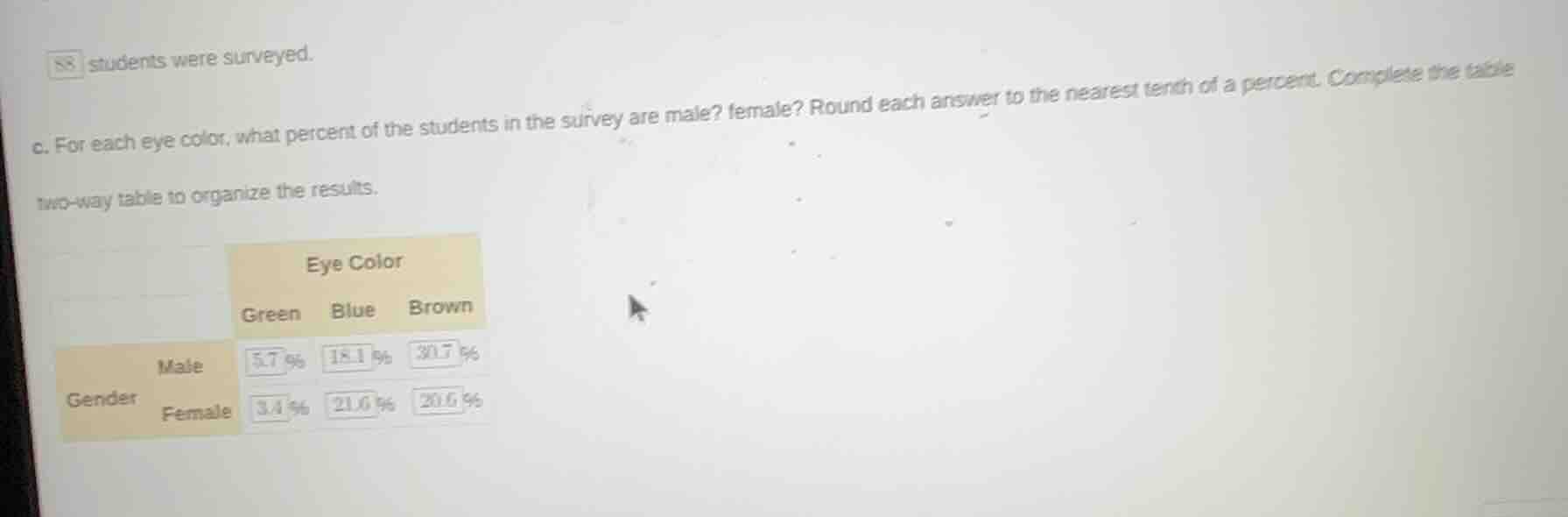 88 students were surveyed. c. for each eye color, what percent of the s…