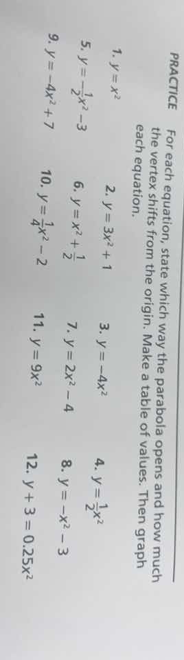 practice for each equation, state which way the parabola opens and how …