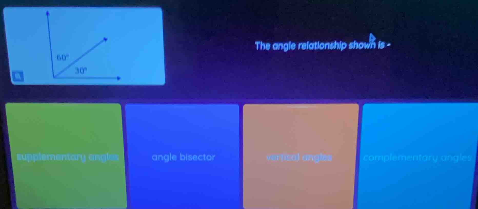 the angle relationship shown is -supplementary anglesangle bisectorvert…