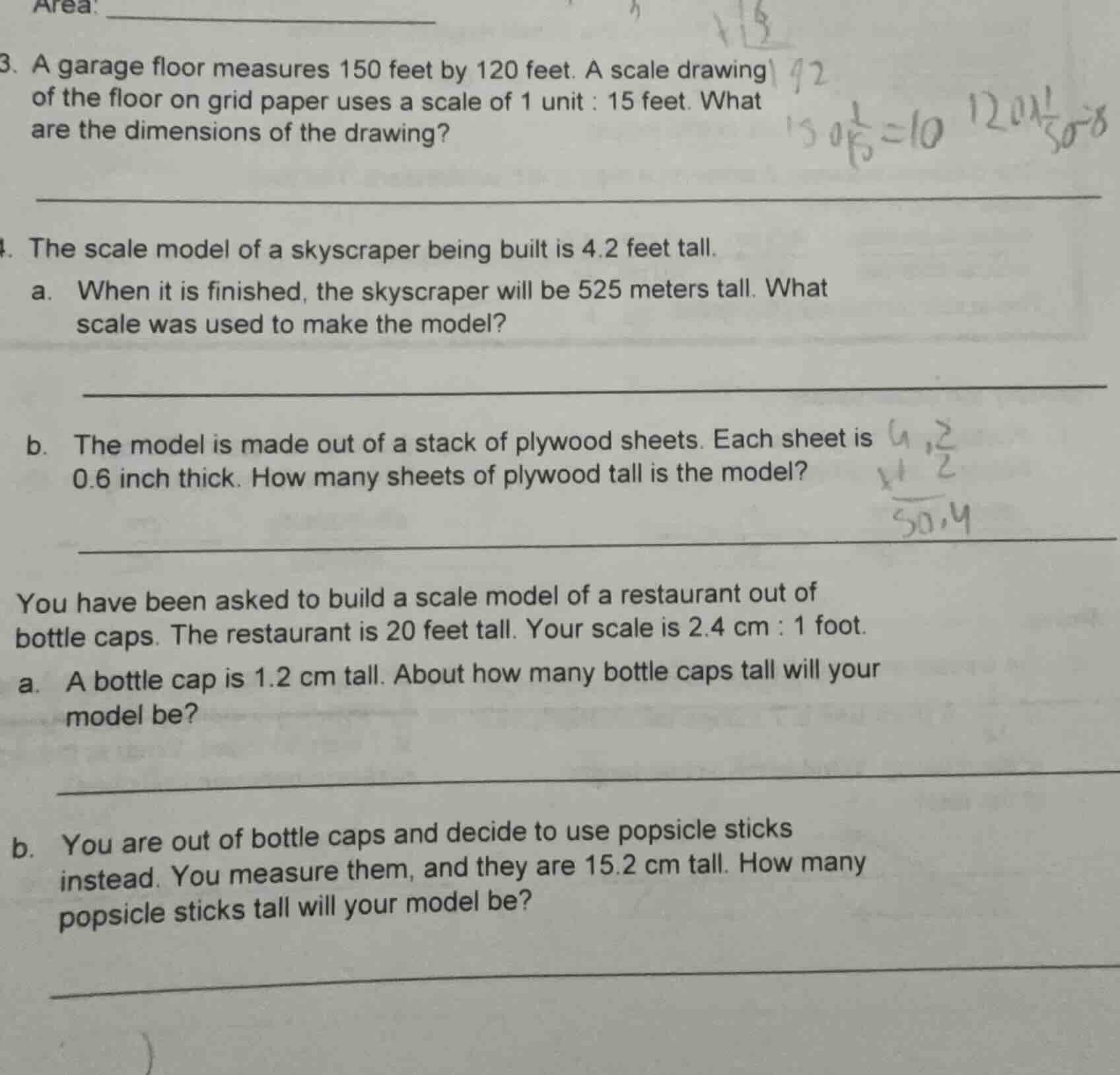 area: 3. a garage floor measures 150 feet by 120 feet. a scale drawing …