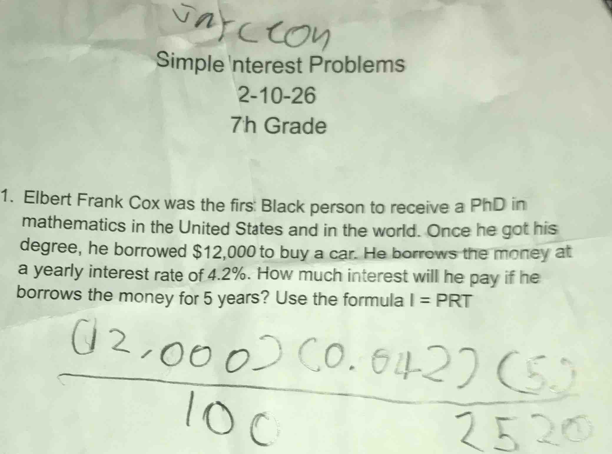 simple interest problems 2-10-26 7th grade 1. elbert frank cox was the …