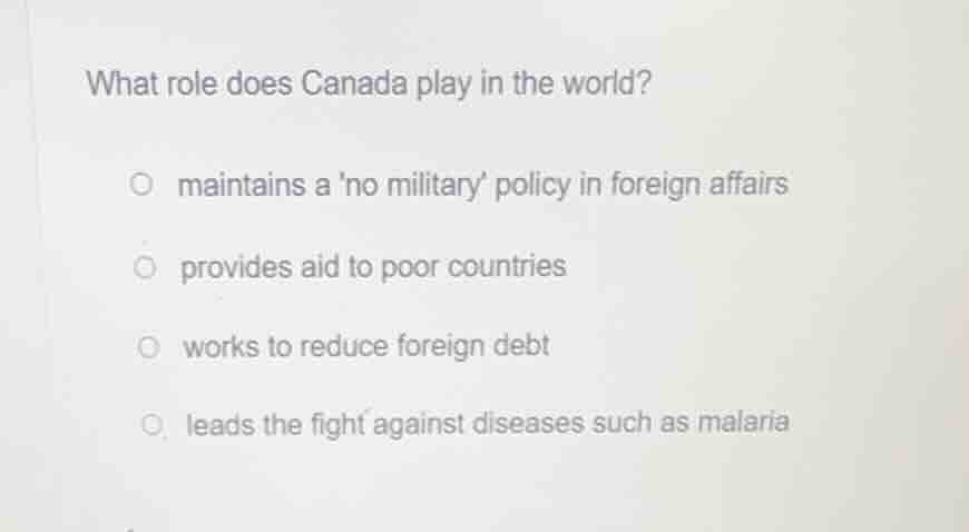 what role does canada play in the world?○ maintains a no military polic…