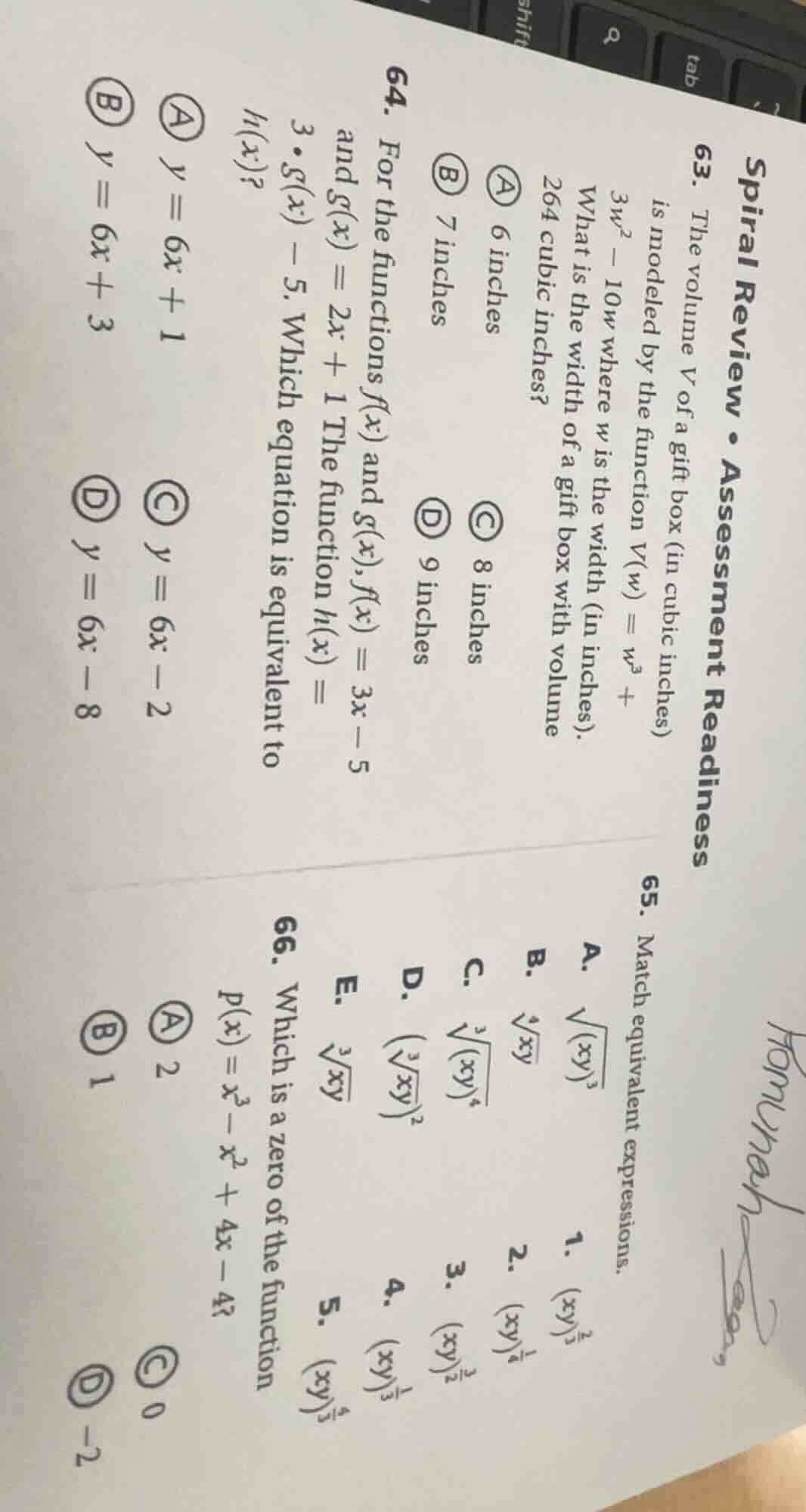 spiral review • assessment readiness 63. the volume v of a gift box (in…