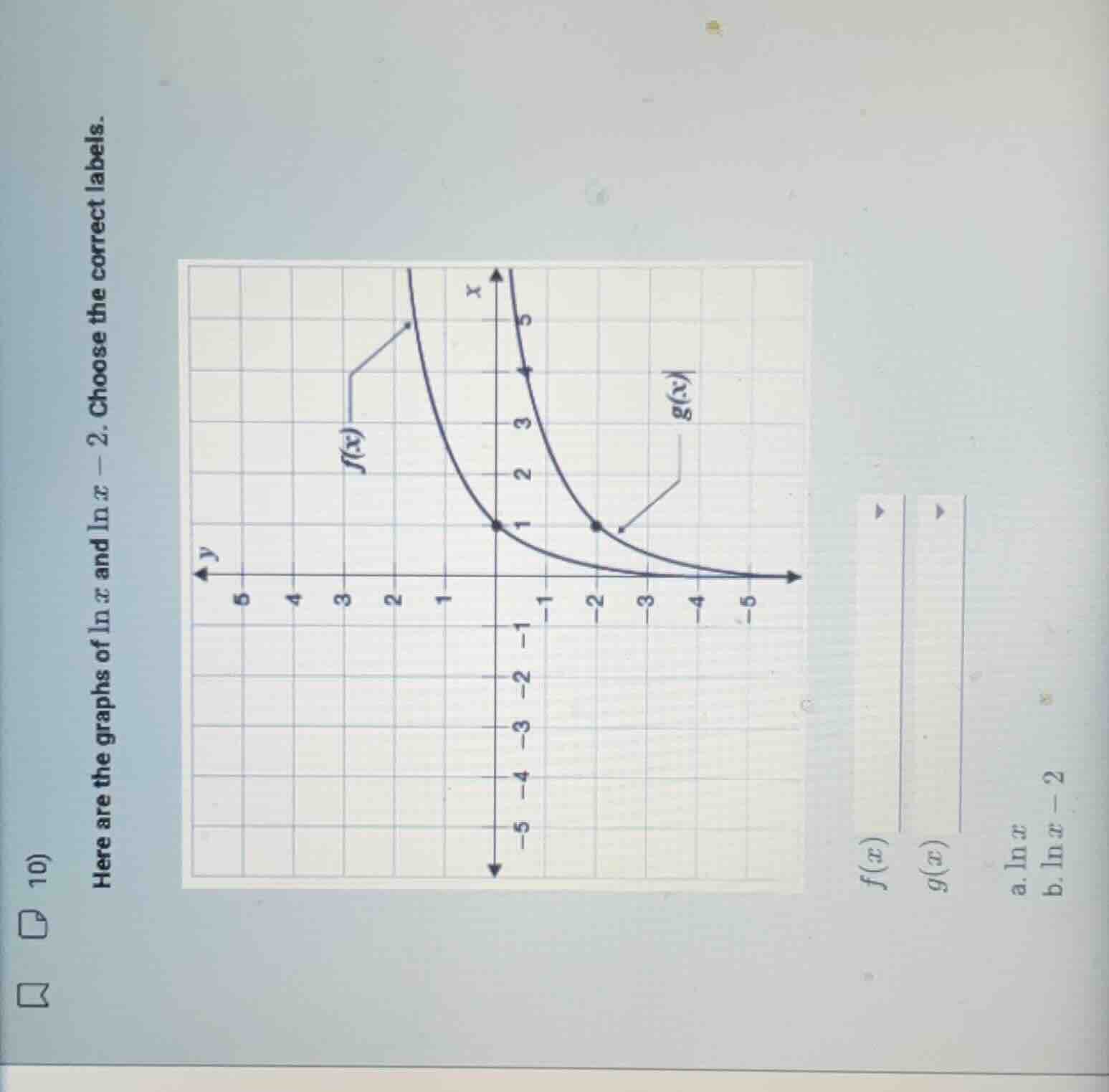 10)here are the graphs of $ln x$ and $ln x - 2$. choose the correct lab…