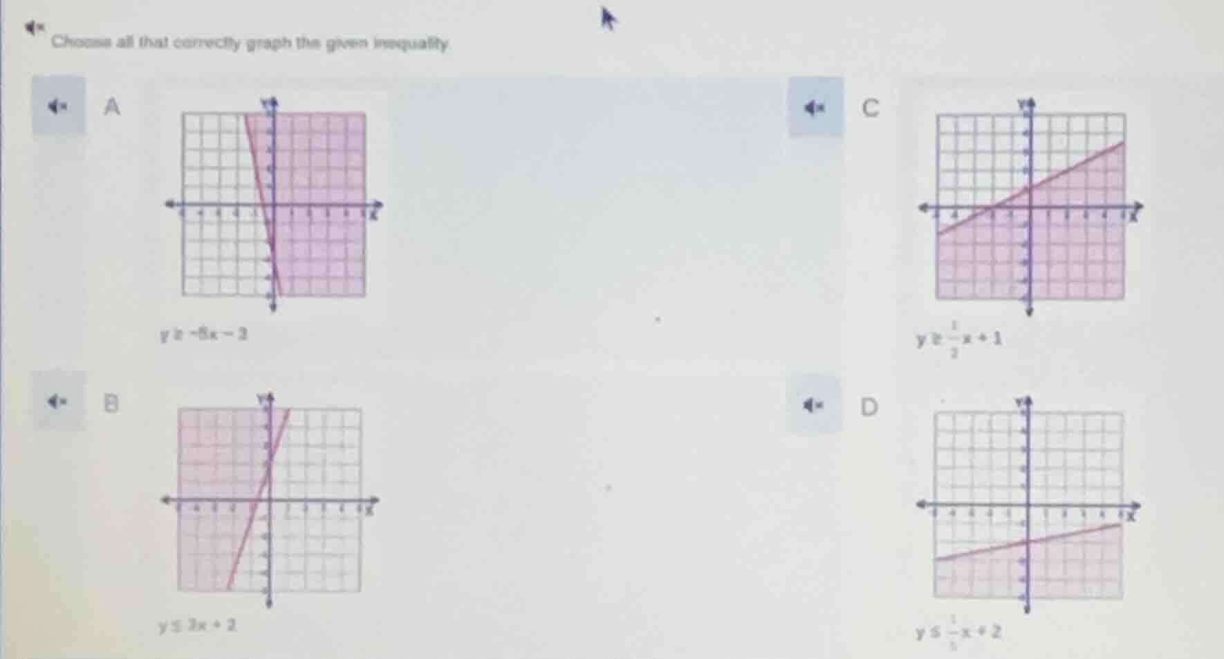 choose all that correctly graph the given inequality. a $y \\geq -6x - …