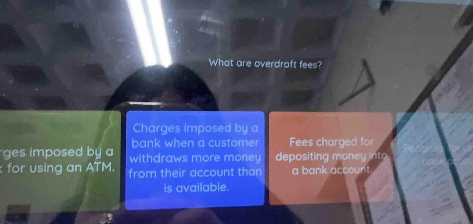 what are overdraft fees?charges imposed by a bank for using an atm.char…