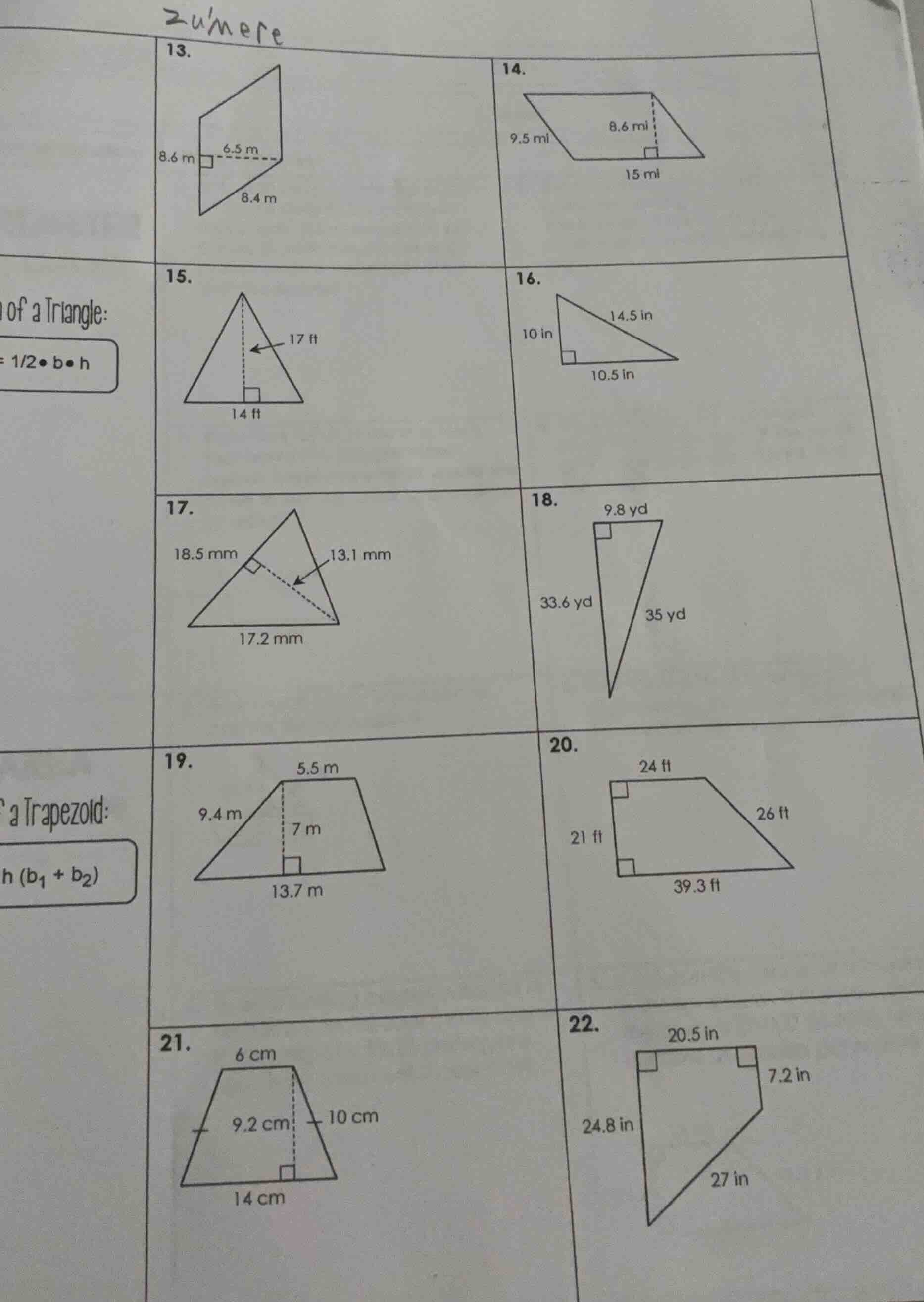 zumere 13. 8.6 m 6.5 m 8.4 m 14. 9.5 mi 8.6 mi 15 mi of a triangle: $=\…