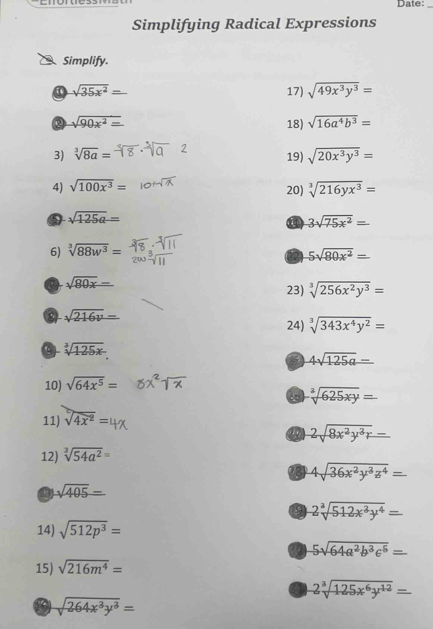 simplifying radical expressions simplify. 1) $sqrt{35x^{2}} =$ 2) $sqrt…