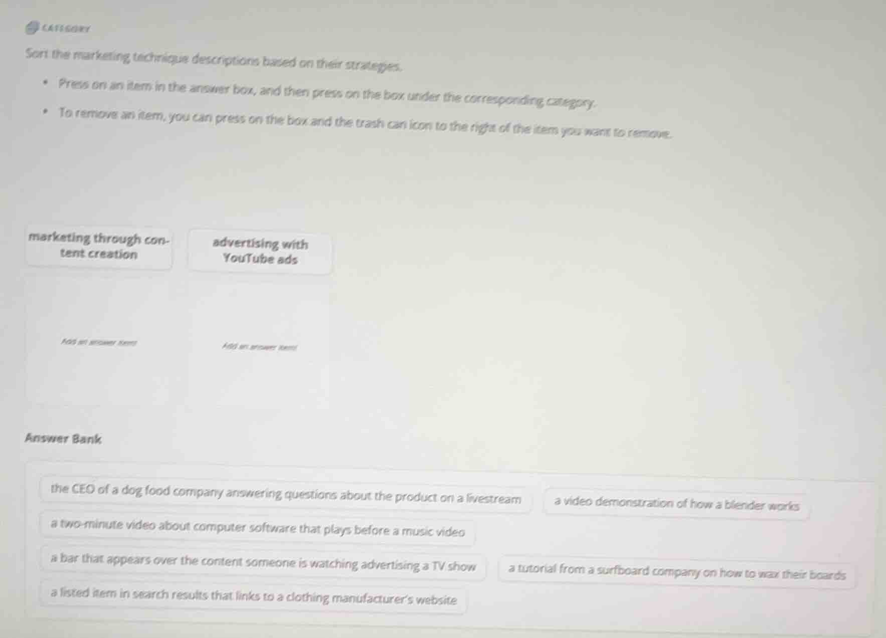 category sort the marketing technique descriptions based on their strat…