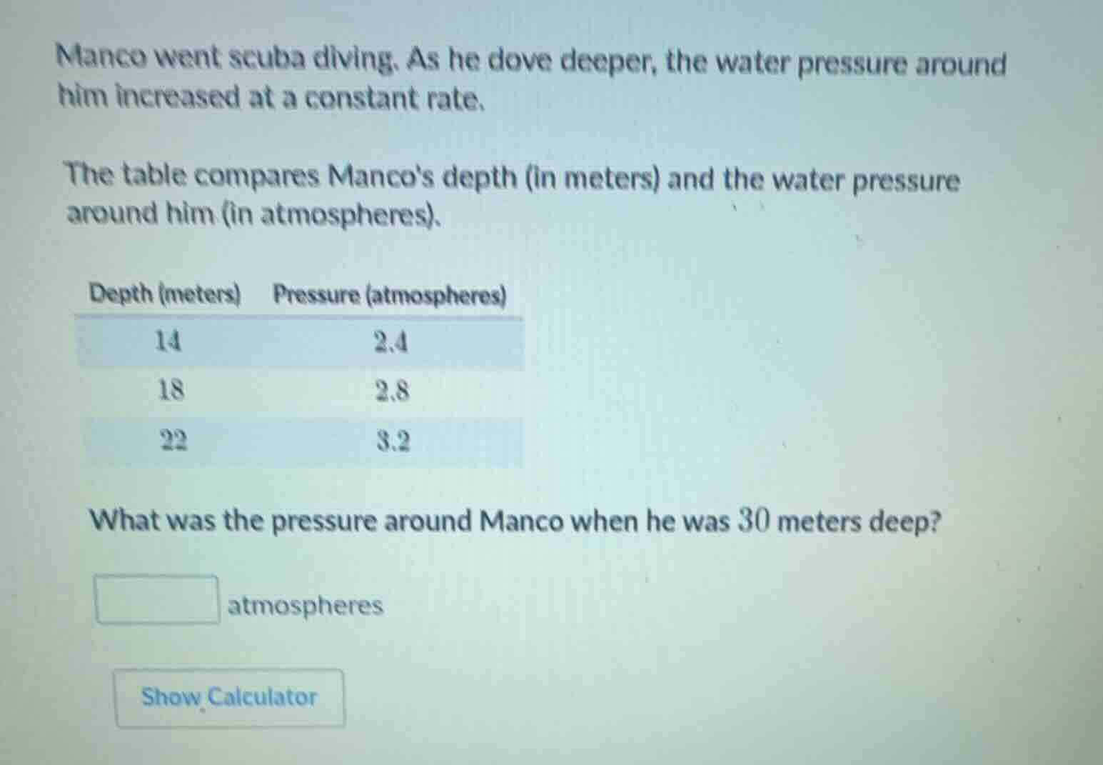 manco went scuba diving. as he dove deeper, the water pressure around h…