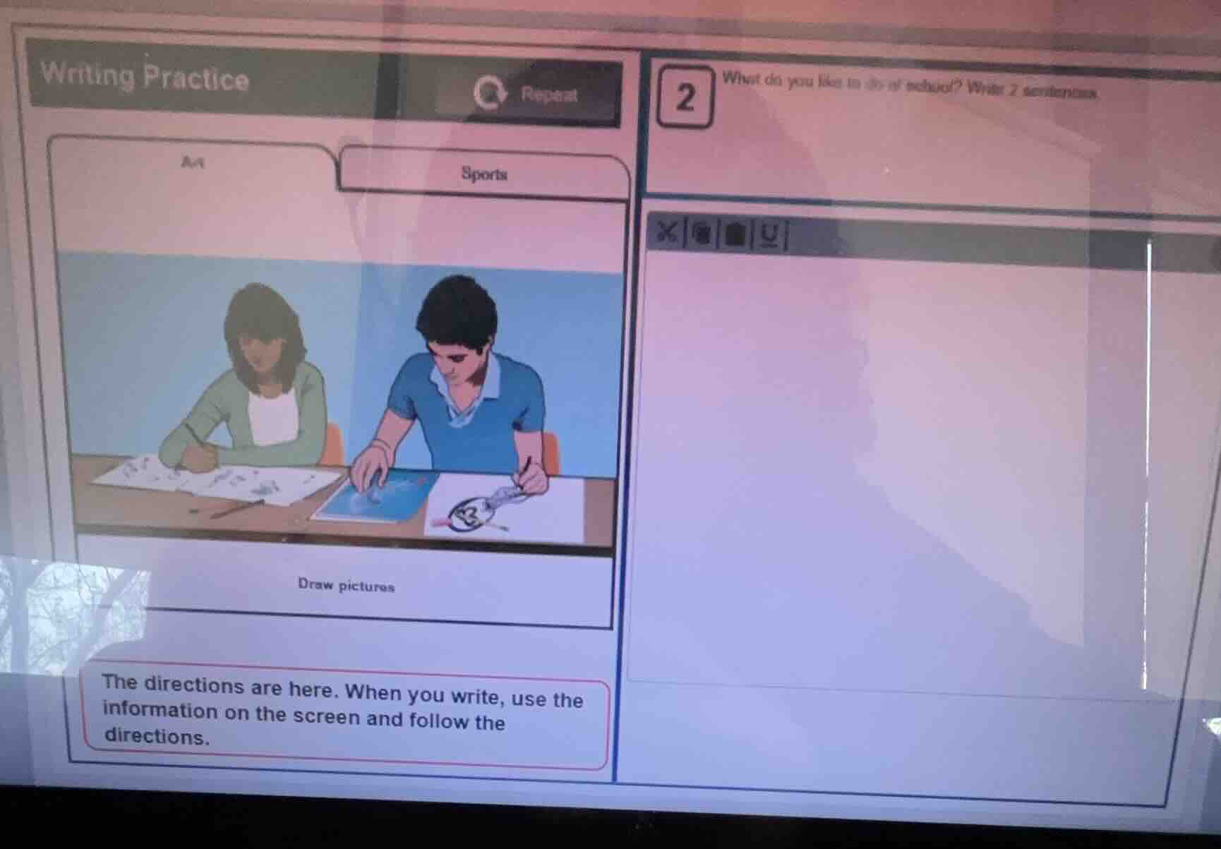 writing practice repeat art sports draw pictures the directions are her…