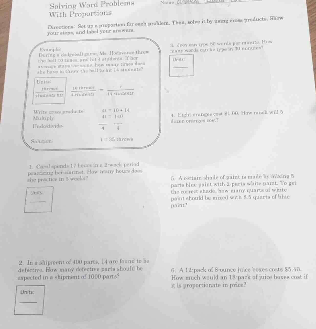 solving word problems with proportions name directions: set up a propor…