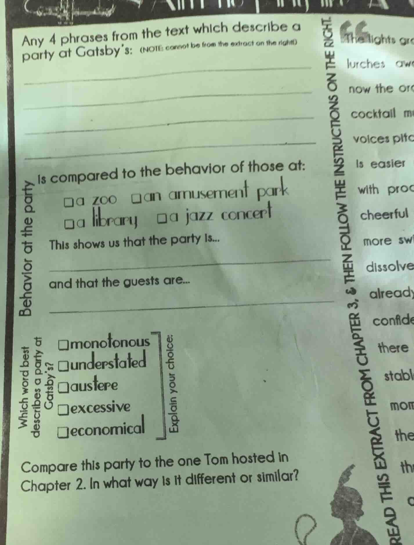 any 4 phrases from the text which describe a party at gatsbys: (note ca…