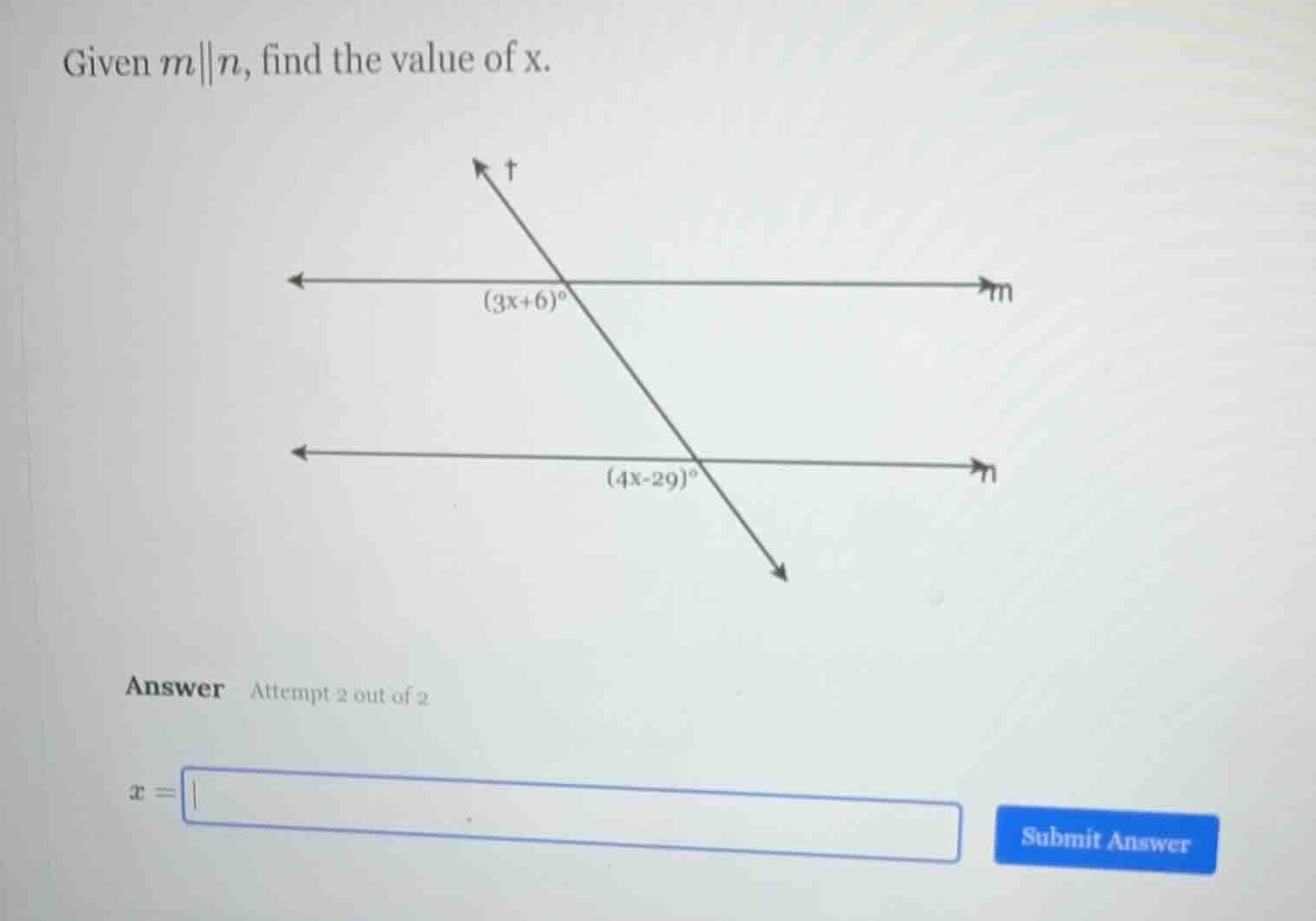 given $m\\parallel n$, find the value of x. answer attempt 2 out of 2 $…