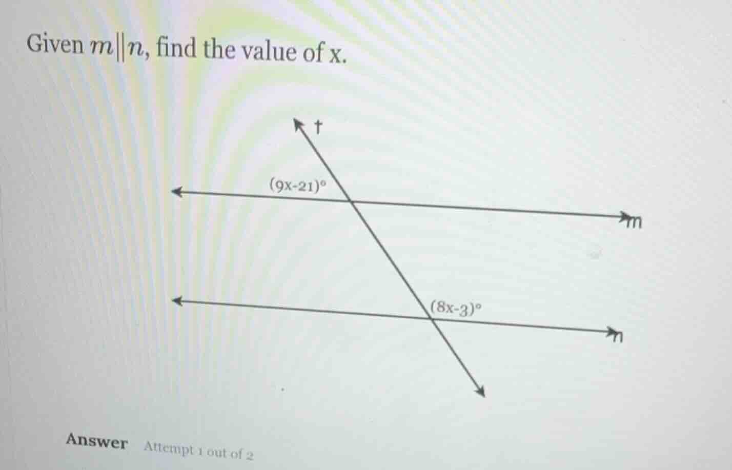 given $m\\parallel n$, find the value of x. answer attempt 1 out of 2