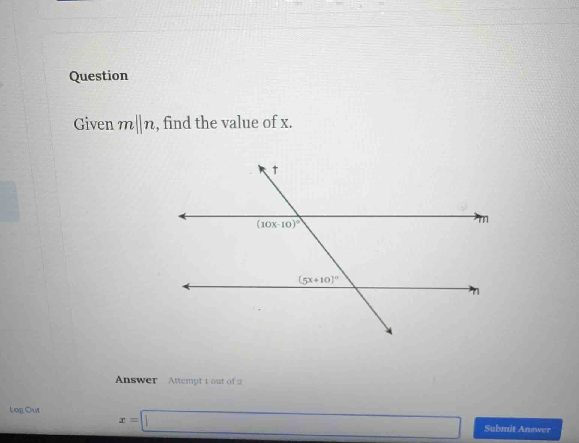question given $m\\parallel n$, find the value of x. $(10x-10)^\\circ$ …