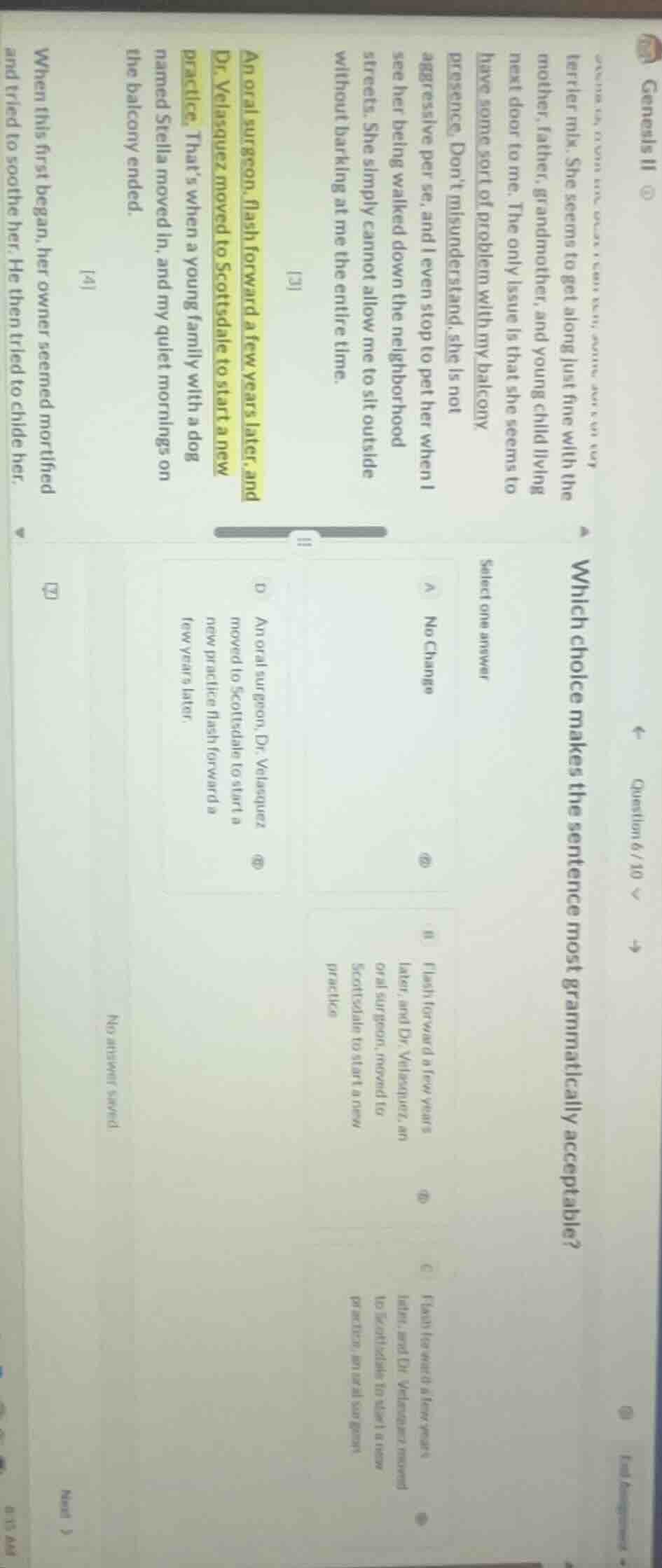 genesis iiquestion 6/10which choice makes the sentence most grammatical…