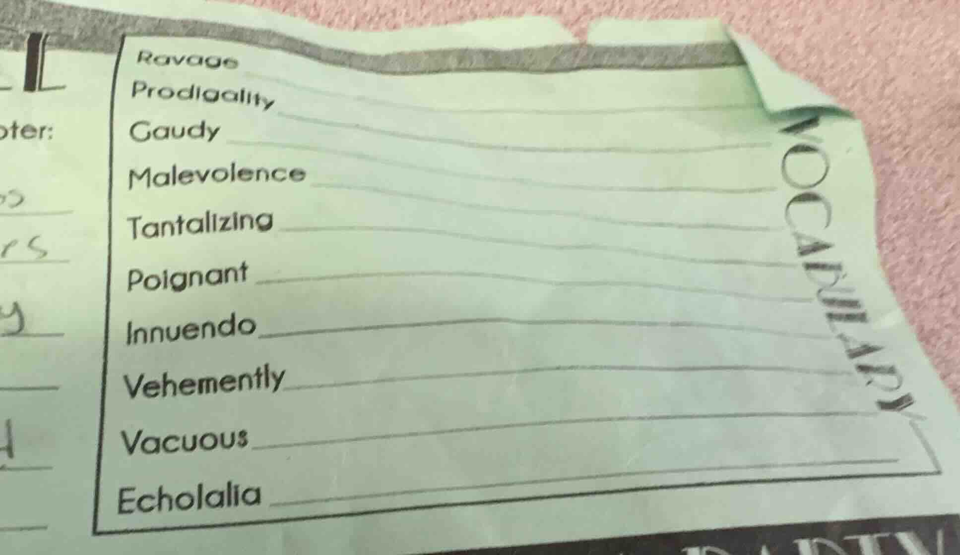 vocabulary ravage prodigality gaudy malevolence tantalizing poignant in…