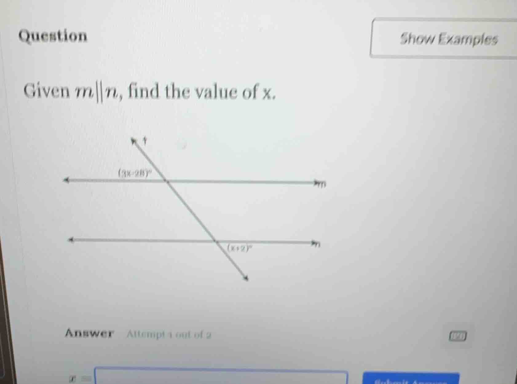 question show examples given $m\\parallel n$, find the value of x. answ…