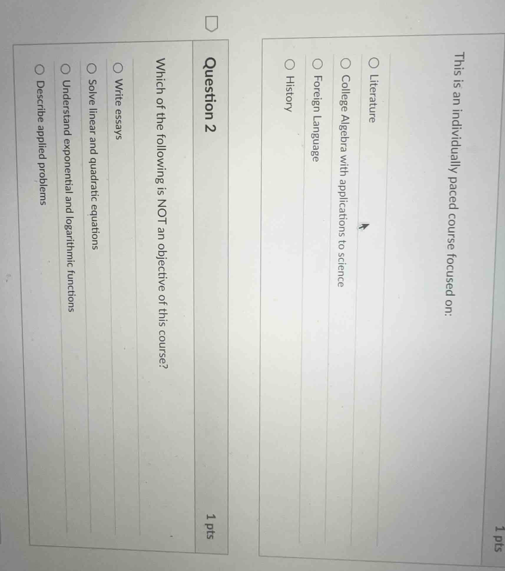 1 pts this is an individually paced course focused on: ○ literature ○ c…