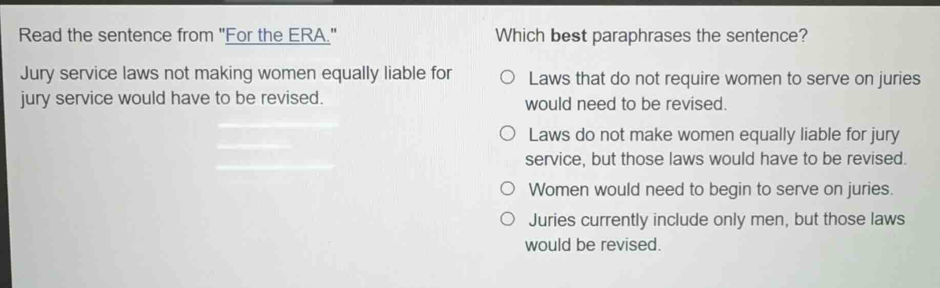 read the sentence from \for the era.\jury service laws not making women…