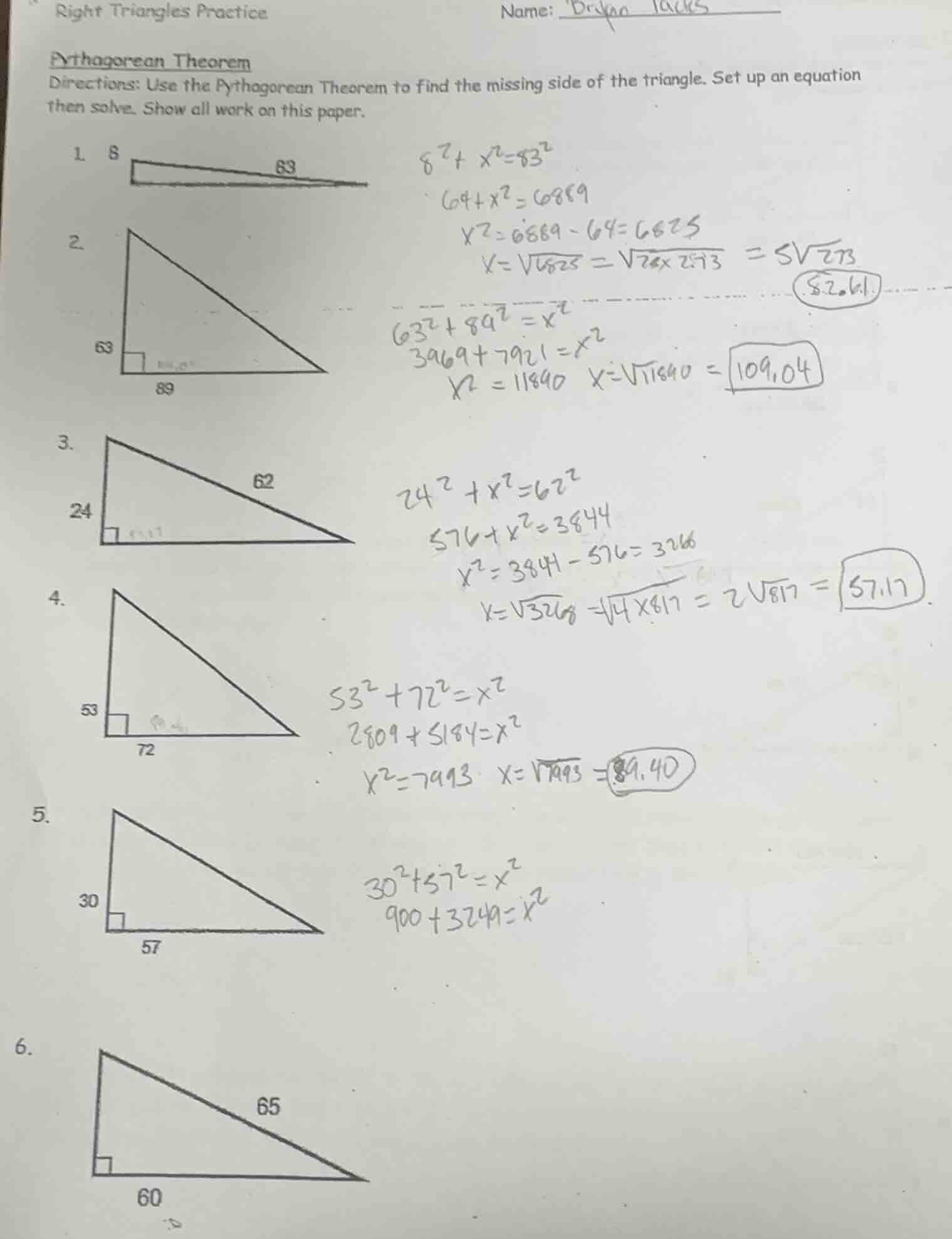 right triangles practice name: pythagorean theorem directions: use the …