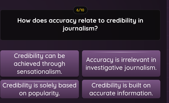 6/10 how does accuracy relate to credibility in journalism? credibility…