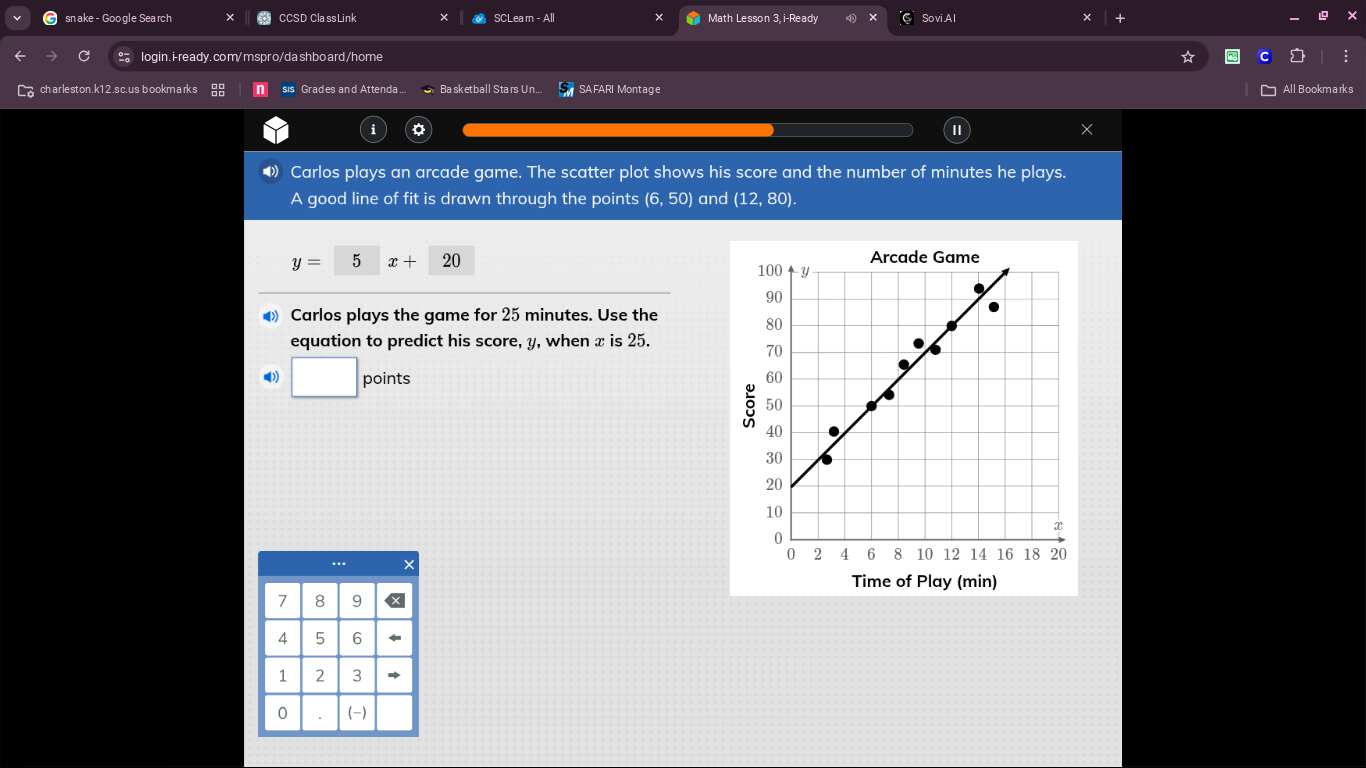 carlos plays an arcade game. the scatter plot shows his score and the n…