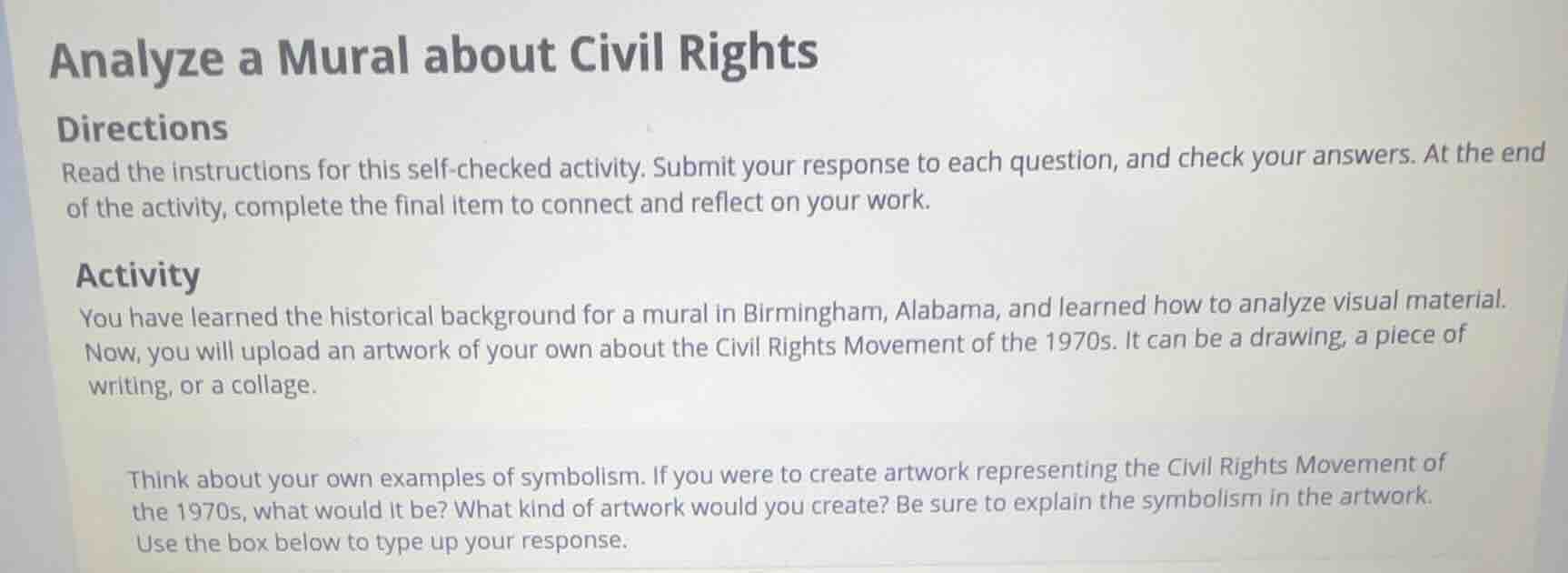 analyze a mural about civil rights directions read the instructions for…