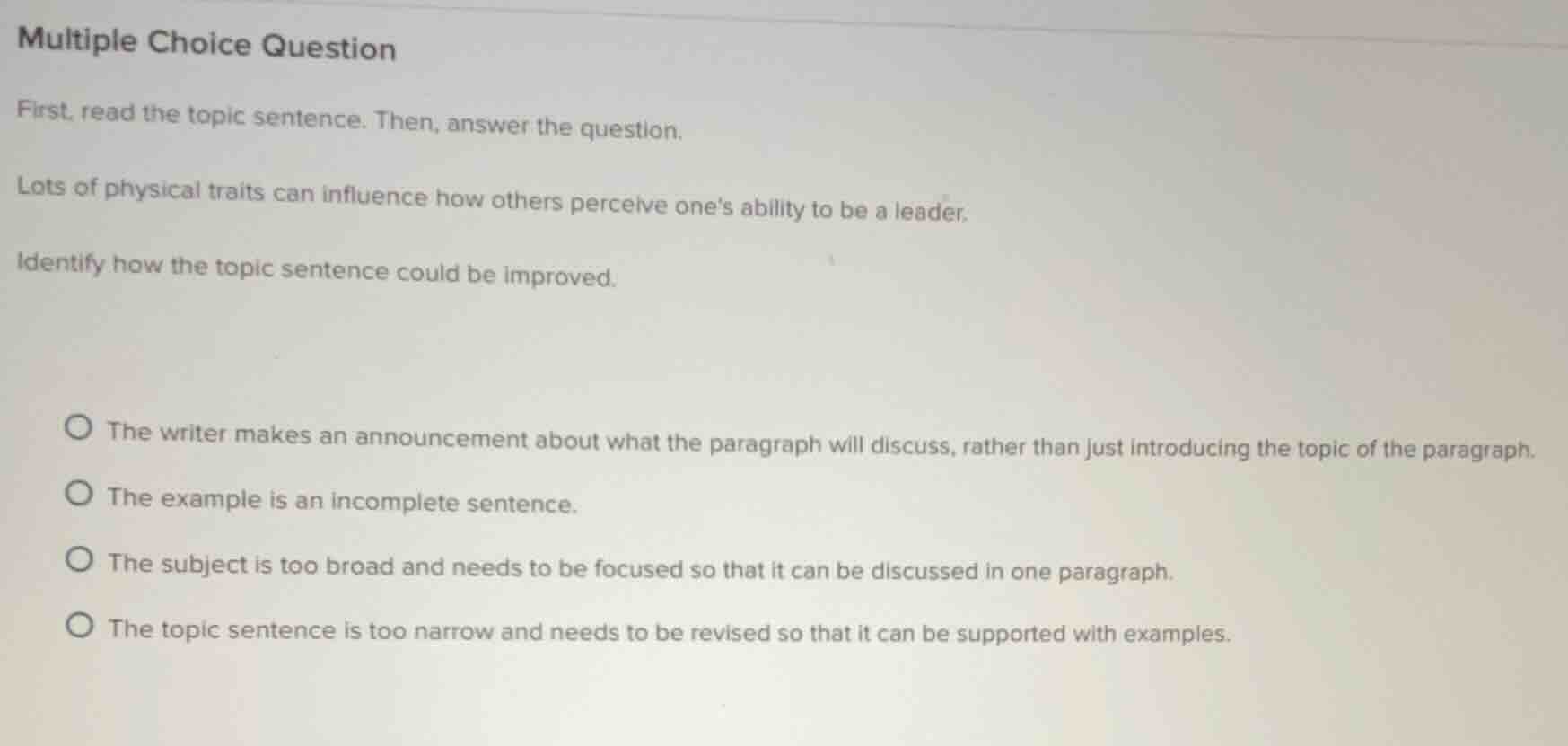 multiple choice question first, read the topic sentence. then, answer t…