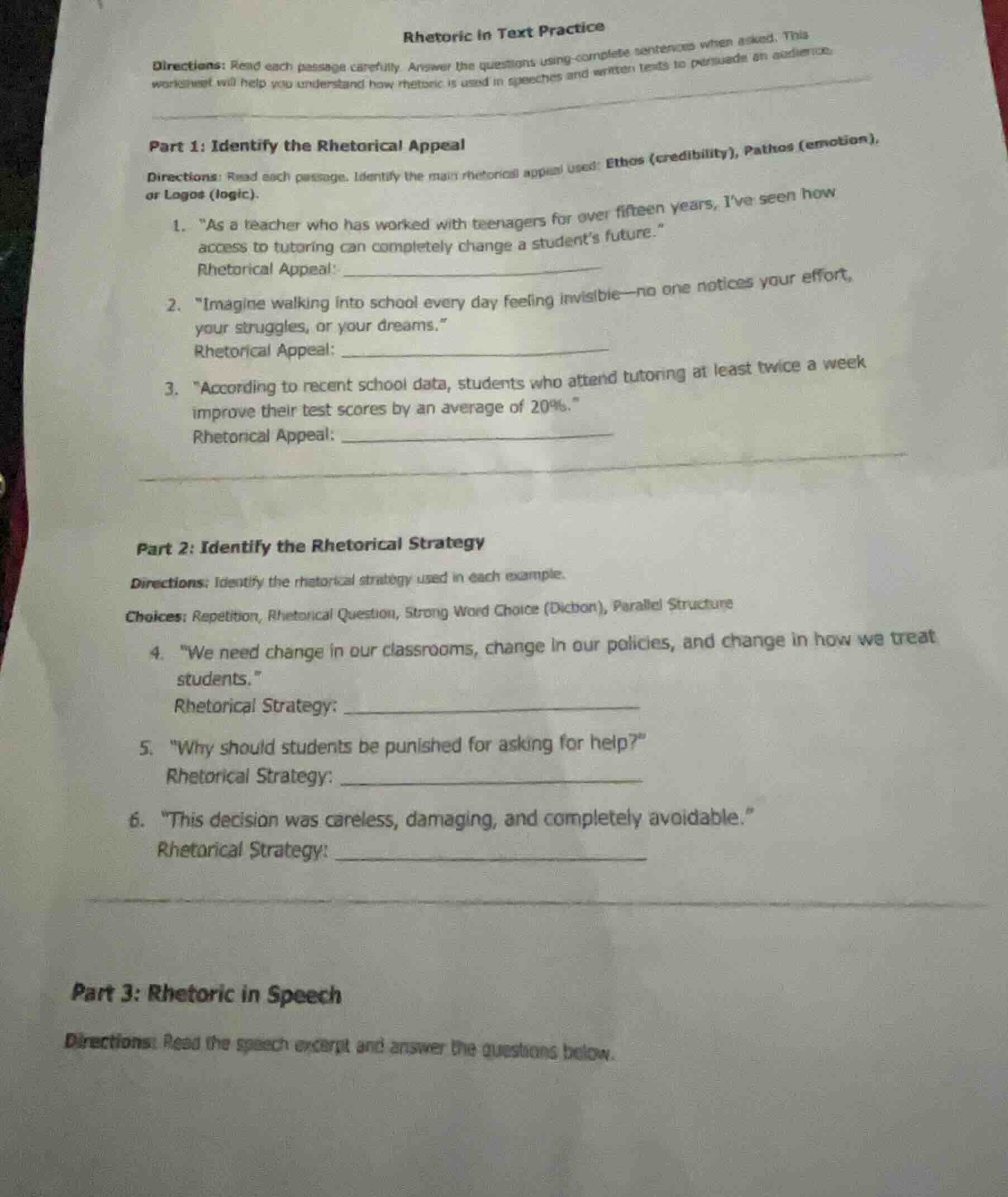 rhetoric in text practice directions: read each passage carefully. answ…